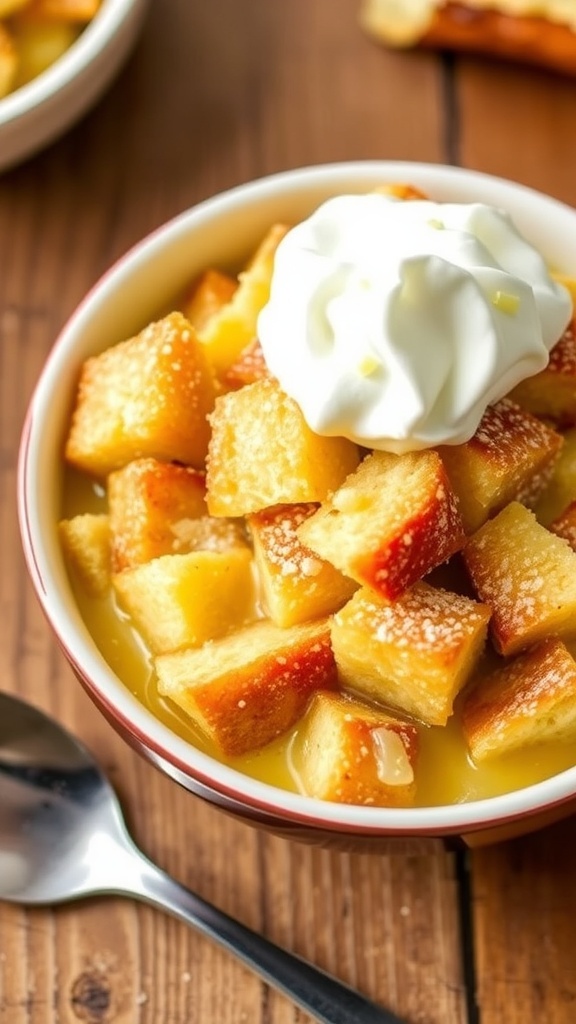 A comforting bowl of bread pudding with whipped cream, served on a rustic table.